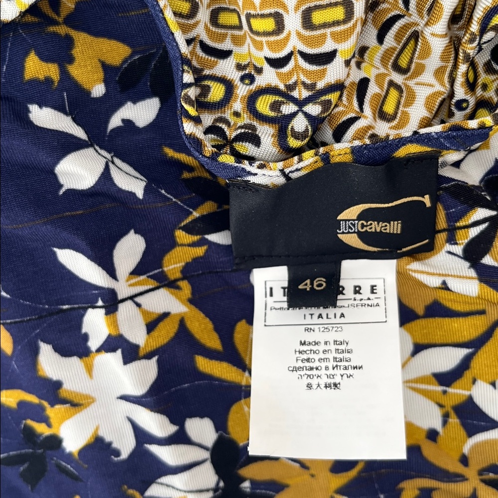 Just Cavalli Blue and Gold Patterned Midi Dress, 46, NWOT